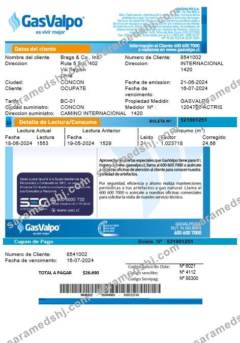 Chile GasValpo business utility bill template fully editable in word and pdf formats1